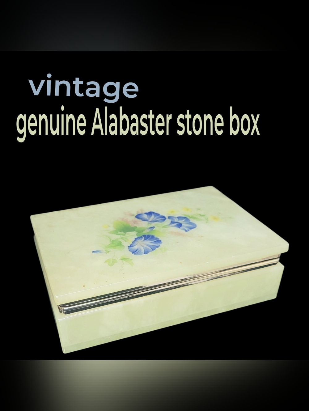 Vintage Genuine Alabaster Stone Hinged Box with Blue Floral Motif